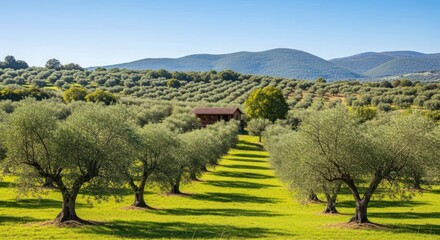 Olive grove vista Green trees serene mountains
