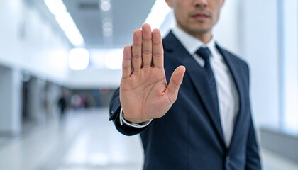Businessman in Suit Showing Stop Hand Gesture to Signal Prohibition or Warning