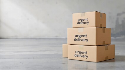 An image of stacked boxes labeled urgent delivery on a textured floor.