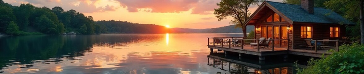 Naklejka premium Lakeside Summer Home Sunset Tranquil Deck, Peaceful Waters, Relaxation Retreat