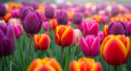 Vibrant field of tulips in bloom with radiant colors perfect for spring marketing campaigns