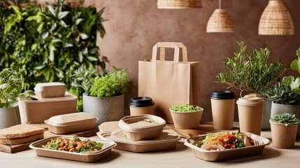 Sustainable takeaway meal containers with fresh healthy food and eco-friendly packaging on wooden table with green plants and natural light creating warm atmosphere