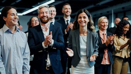 A diverse group clapping in a corporate setting, captured from a mid-angle. The video conveys teamwork and celebration in a professional environment. - Powered by Adobe