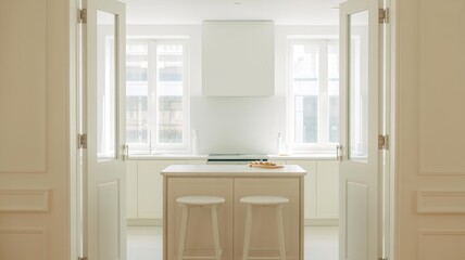 A bright white kitchen with an island and stools seen through open doors in a minimalist style home