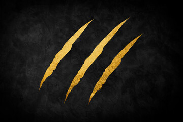 Gold lion paw slash scratch with burn rip edge png vector halloween surface. Bear damage mark with glow and torn wall texture illustration. 3d wild and scary tiger attack hole separation trail