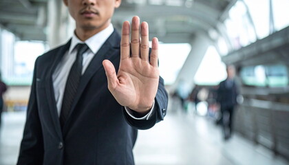 Businessman in Suit Showing Stop Hand Gesture to Signal Prohibition or Warning