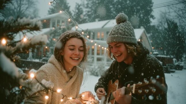 a couple laughing while untangling glowing fairy lights to decorate a pine tree in a snowy backyard at dusk, warm lights illuminating falling snow and joyful winter intimacy.