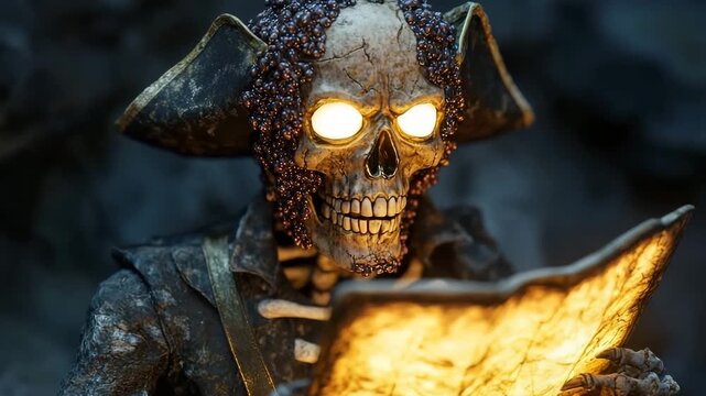 Skeletal pirate figure with glowing treasure map ready to uncover buried riches in a dark, mysterious cave