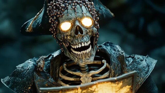 Skeletal pirate figure with glowing treasure map ready to uncover buried riches in a dark, mysterious cave