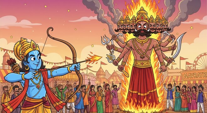 lord rama defeating ravana during dussehra festival, burning effigy celebration of good over evil, hindu mythology scene with bow arrow and festive crowd illustration