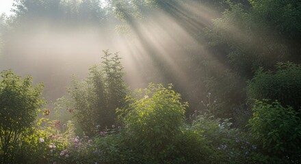 Fototapeta premium Sunbeams illuminate ethereal forest flora