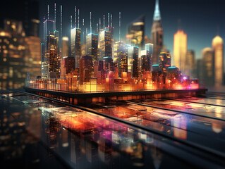 Investment concept with real estate skyscrapers and financial market graphs in a blended image