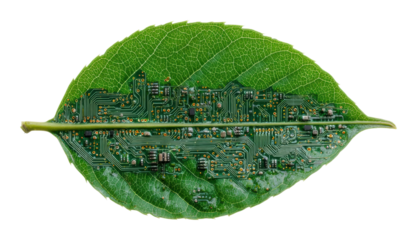 Innovative technology meets nature leaf with circuit board design isolated on transparent background