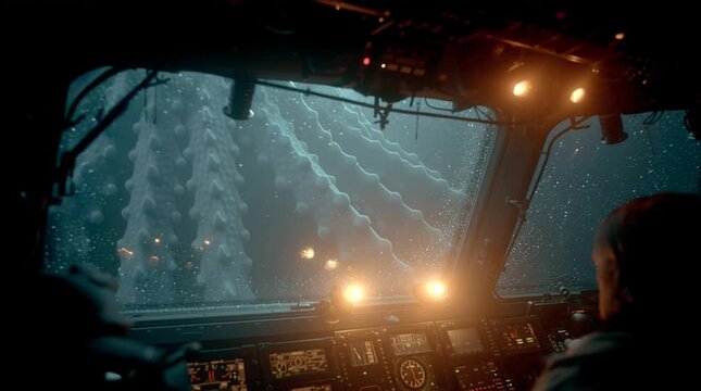 Atmospheric underwater view from inside a deep-sea submersible as powerful lights pierce the abyss, revealing a giant bioluminescent squid approaching the cockpit&mdash;tense, awe-inspiring deep ocean disco