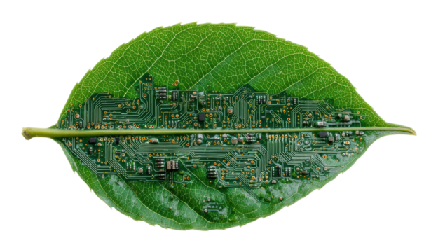 Innovative technology meets nature leaf with circuit board design isolated on transparent background