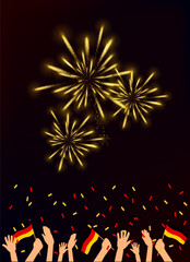 Germany national holiday. greeting card. Christmas. Firework german unity day, vector template with flag and colorful fireworks on night sky background. 