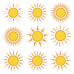 Collection of nine stylized yellow sun illustrations with radiating rays in a grid layout