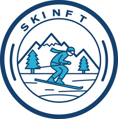 Skiing Silhouette Logo with Mountains and Trees