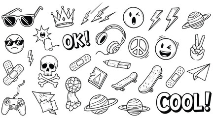 Vector art of collection of black and white doodle drawings featuring sunglasses, crown, lightning bolt, emoji, headphones, peace sign, skull, skateboard, and other various designs © S.Siam