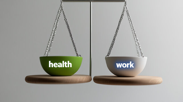 Balancing work and health on a scale, health side weighs more. Emphasizes the importance of prioritizing well-being and a balanced life.