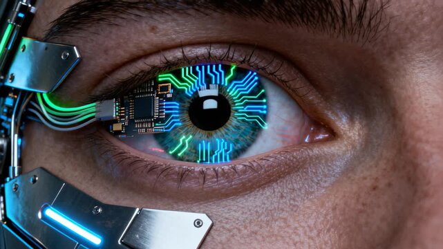 Close-up of human eye with advanced technological circuit board overlay, displaying binary code and electronic components integrated with biological eye structure. Futuristic cybernetic enhancement - Powered by Adobe