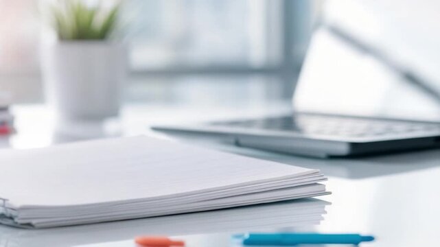 Workspace Tranquility: A minimalist office setup features a stack of blank paper, a laptop, and a small potted plant, exuding an aura of organized calm and productivity. 