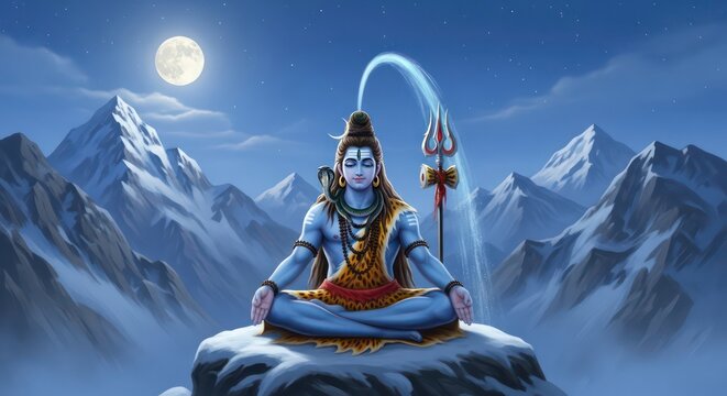 Lord shiva meditating in himalayas under full moon, hindu god mahadev with trishul, spiritual meditation scene, calm divine energy, snow mountains night, indian mythology, serene yoga background