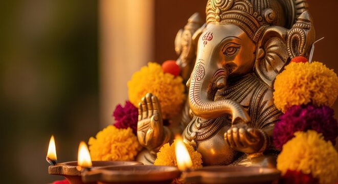 Close up lord ganesha idol with marigold garland and diya lights, hindu festival ganesh chaturthi decoration, spiritual ambience, divine murti, warm glowing festive background