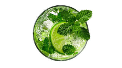 Refreshing lime and mint cocktail with ice cubes, top view, vibrant green colors, summer drink, crystal-clear glass, fresh and cool beverage photography.