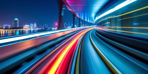 Fototapeta premium a high-speed monorail zooming through a city at night