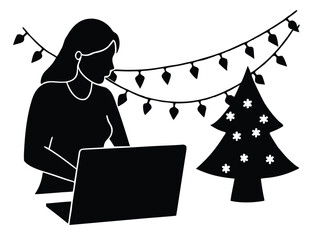 Vector art of woman working on laptop with christmas tree and lights