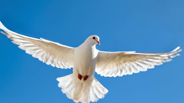 Pure white dove gliding through cloudless atmosphere, demonstrating elegant wing extension and symmetrical flight posture against pristine blue background.
