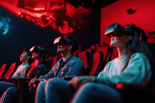 Group of friends enjoying immersive virtual reality experience in a theater setting