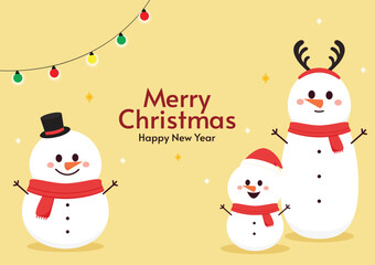 Cartoon Christmas illustrations isolated on pastel. Funny happy Snowman character with gift, Waving and greeting. For Christmas cards, banners.