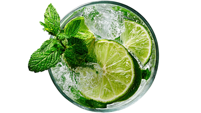 Refreshing lime and mint cocktail with ice cubes, top view, vibrant green colors, summer drink, crystal-clear glass, fresh and cool beverage photography.