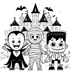 cute halloween vampire and mummy coloring book vector image illustration