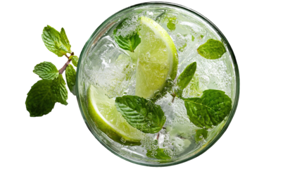 Refreshing lime and mint cocktail with ice cubes, top view, vibrant green colors, summer drink, crystal-clear glass, fresh and cool beverage photography.