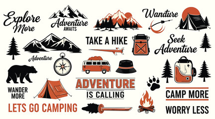 Vector art of set of adventure and outdoor recreation vector design elements collection of camping, hiking, and travel icons perfect for logo, tshirt, poster, banner, sticker