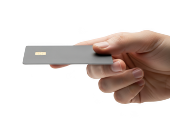 Hand holding a grey credit card isolated on transparent background