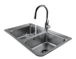 Modern Kitchen Sink with Hot Steam Rising from Faucet.