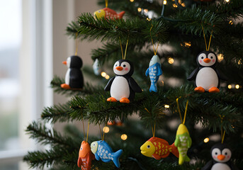 Adorable clay penguins decorating a Christmas tree with fish-shaped ornaments – cheerful holiday mood 
