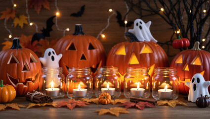 Obraz premium Glowing jack-o’-lanterns with candles, surrounded by ghost decorations, autumn leaves, and fairy lights, creating a festive and spooky Halloween atmosphere indoors.
