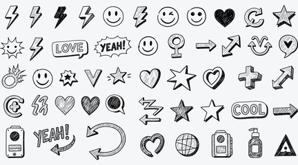 Vector art of handdrawn doodle icon set featuring various symbols like lightning bolts, smileys, hearts, stars, arrows, and speech bubbles, perfect for adding a playful touch to designs