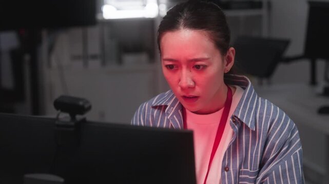 Shocked Office woman Reacting to Cyber Attack on Computer