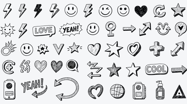Vector art of handdrawn doodle icon set featuring various symbols like lightning bolts, smileys, hearts, stars, arrows, and speech bubbles, perfect for adding a playful touch to designs