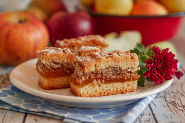 Small pieces of  rustic apple coffee cake