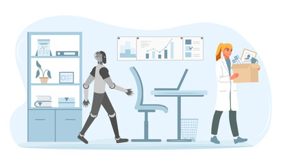 Robot replacing human worker in office setting, symbolizing automation and workforce changes