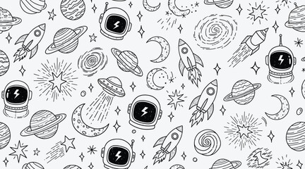 Vector art of seamless pattern with space elements hand drawn vector illustration with rocket, planet, star, astronaut helmet, ufo, galaxy, comet, moon, meteorite and satellite