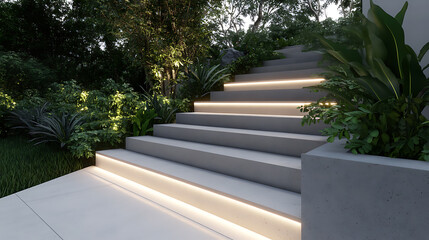 Outdoor stairway with integrated lighting, set amidst lush greenery. Modern design meets nature. Path illuminated by subtle, elegant lights.