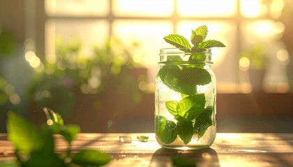 Refreshing Mint Water in a Jar with Soft Sunlight